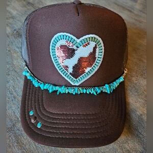 NWT Brown Turquoise trucker hat with sequin cow print heart
